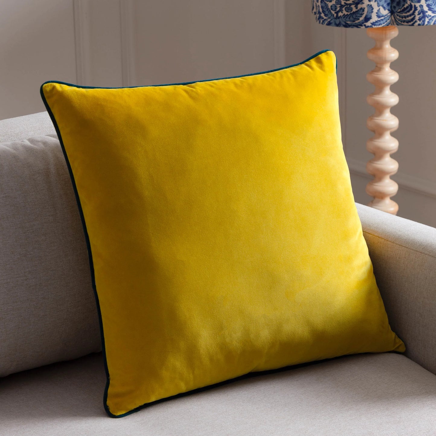 Large Piped Velvet Cushion in Cylon & Teal
