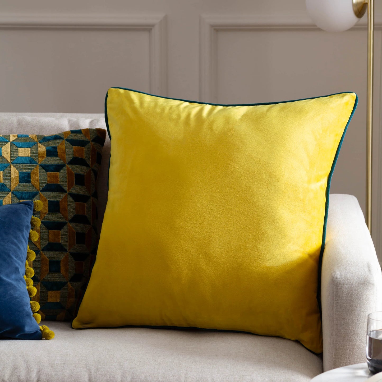 Large Piped Velvet Cushion in Cylon & Teal