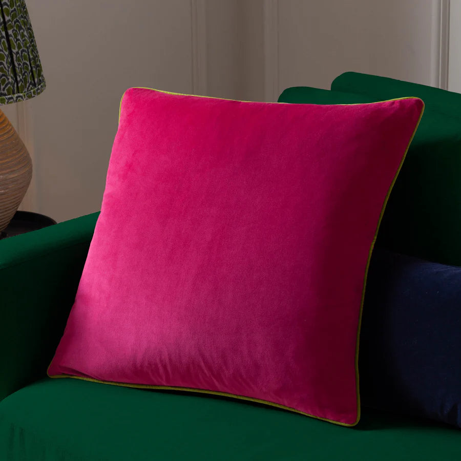 Large Piped Velvet Cushion – Hot Pink with Lime Trim