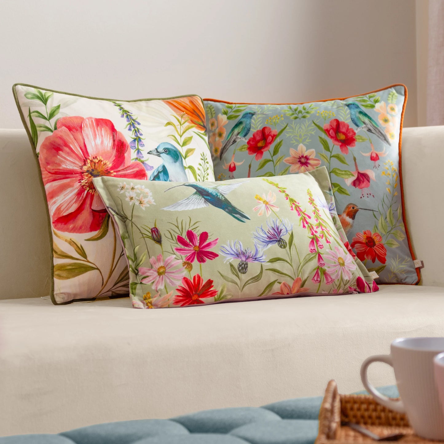 Nectar Garden Blossom Piped Velvet Cushion - Multicolour