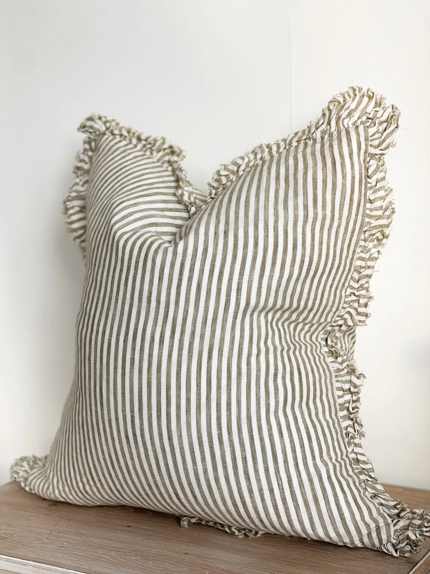 Large Olive Stripe Ruffle Linen Cushion