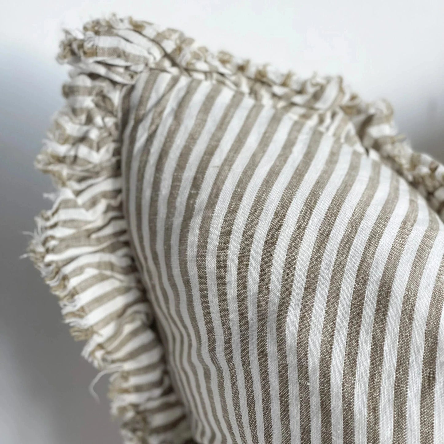 Hallie Olive Stripe Ruffle Linen Cushion
