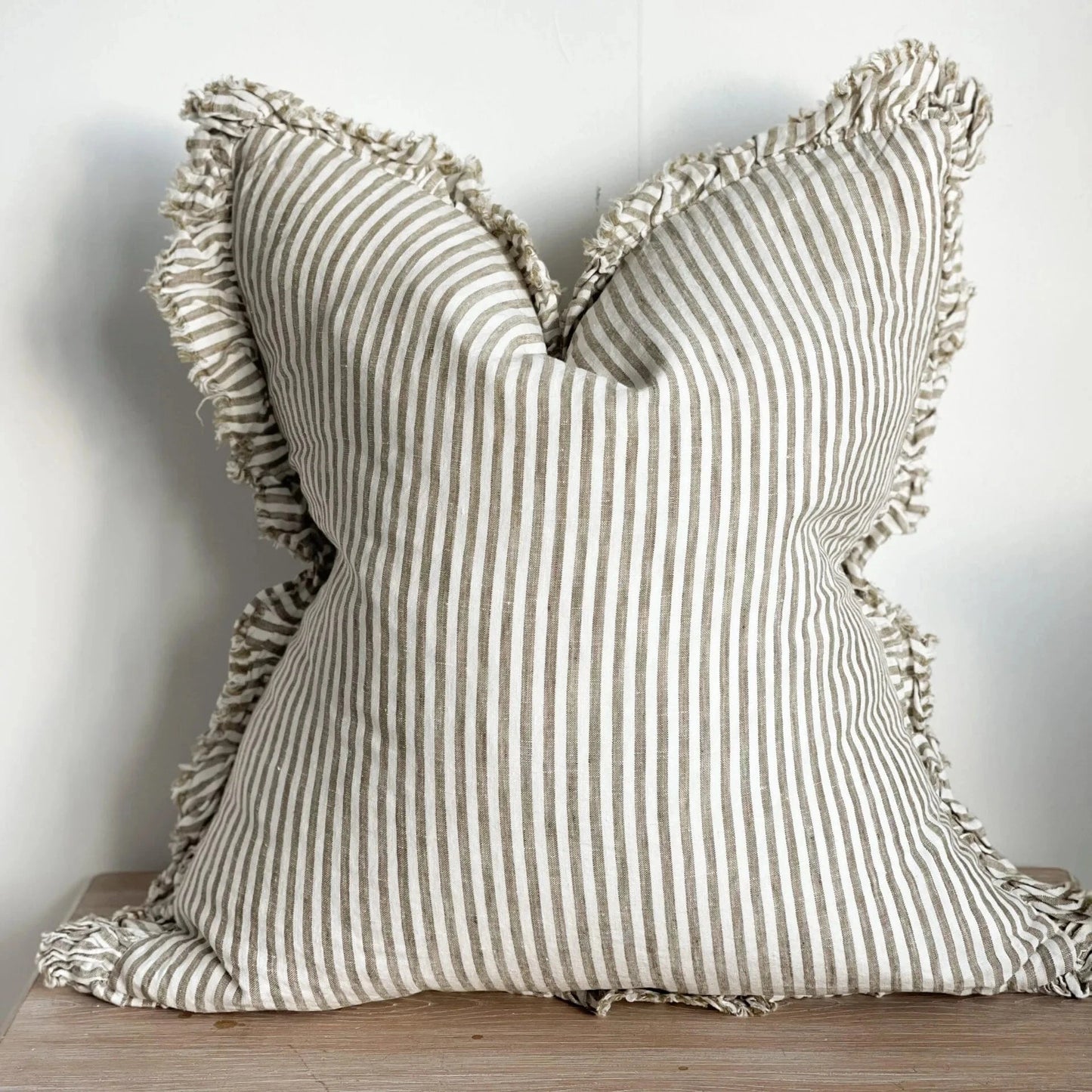 Hallie Olive Stripe Ruffle Linen Cushion