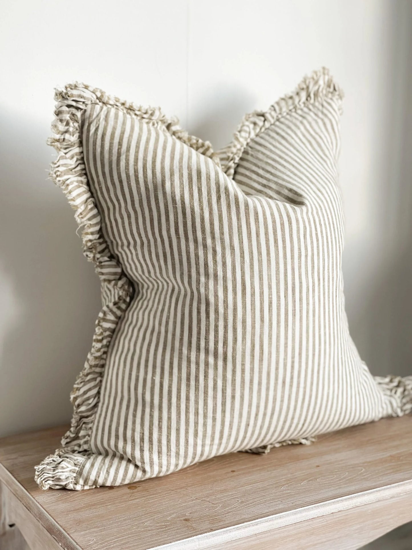 Hallie Olive Stripe Ruffle Linen Cushion