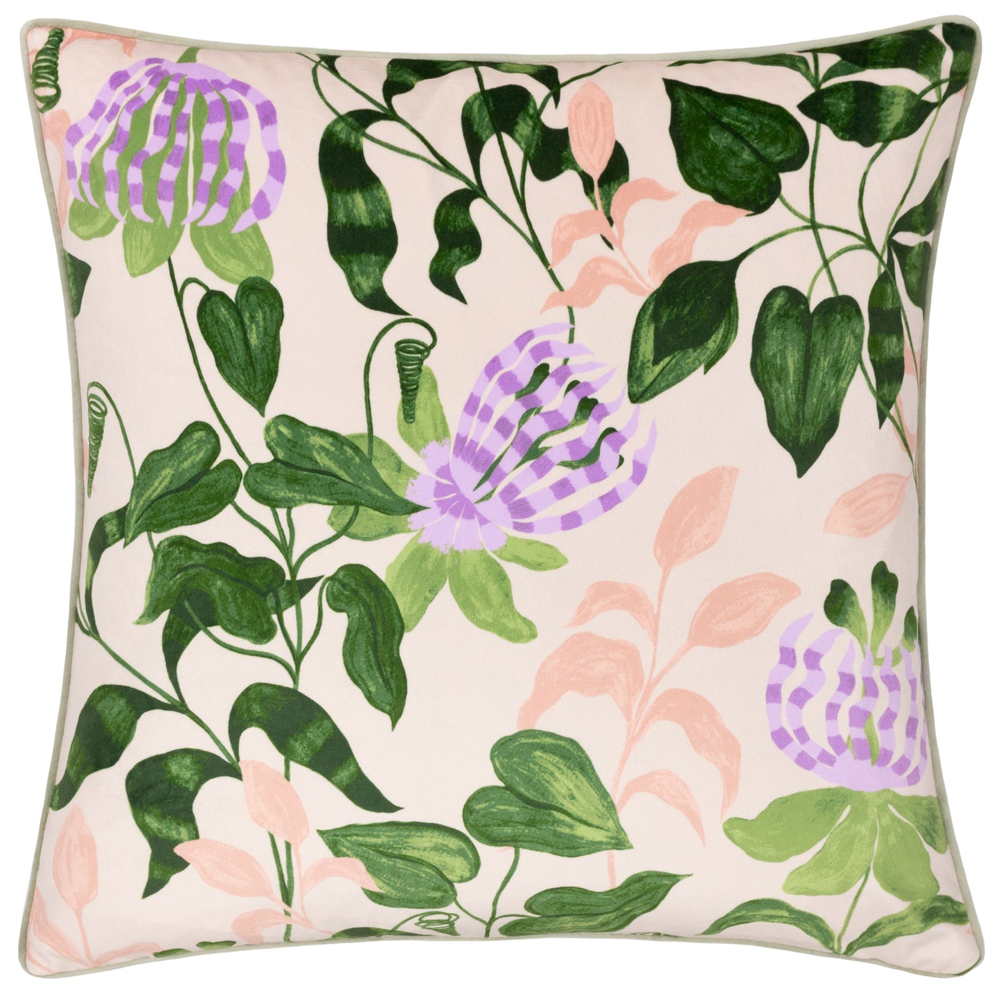 Passiflora Piped Velvet Cushion - Peach/Vine Green