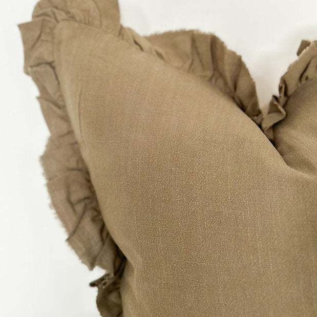 Olive Rectangular Ruffled Linen Cushion