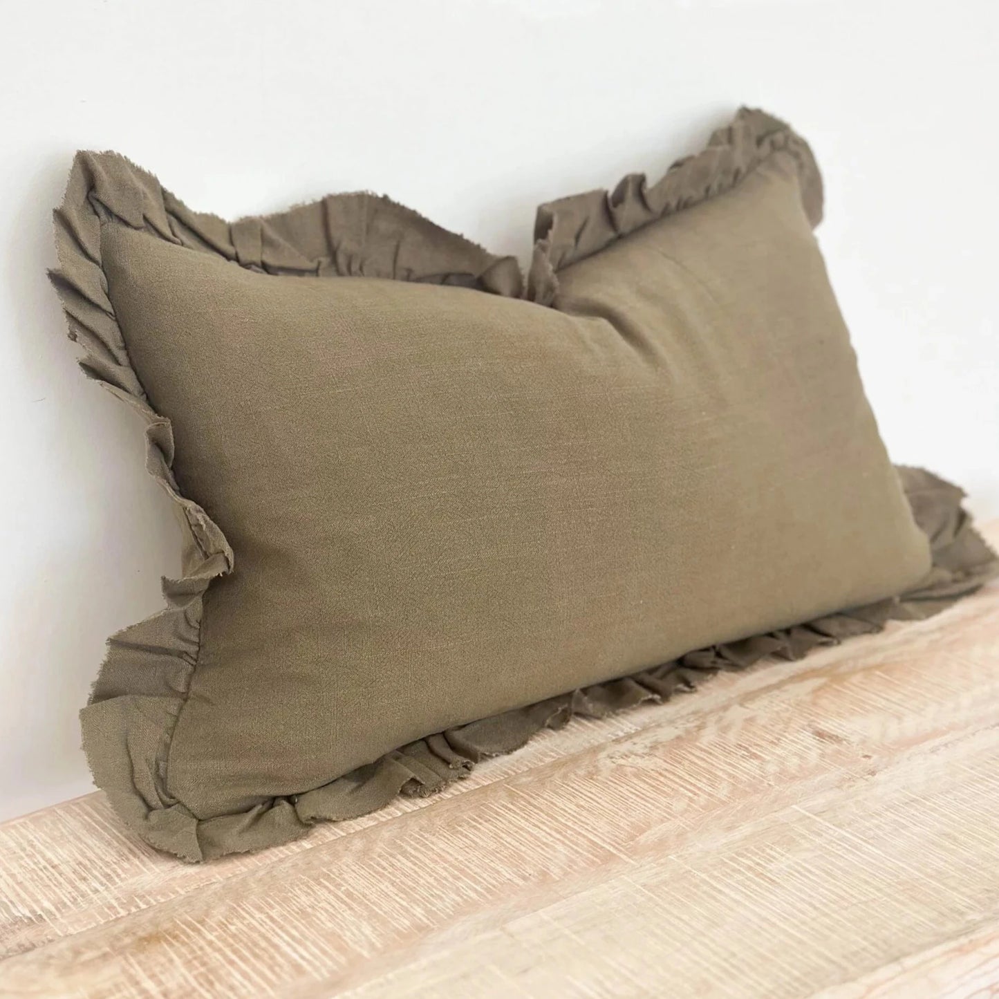 Olive Rectangular Ruffled Linen Cushion