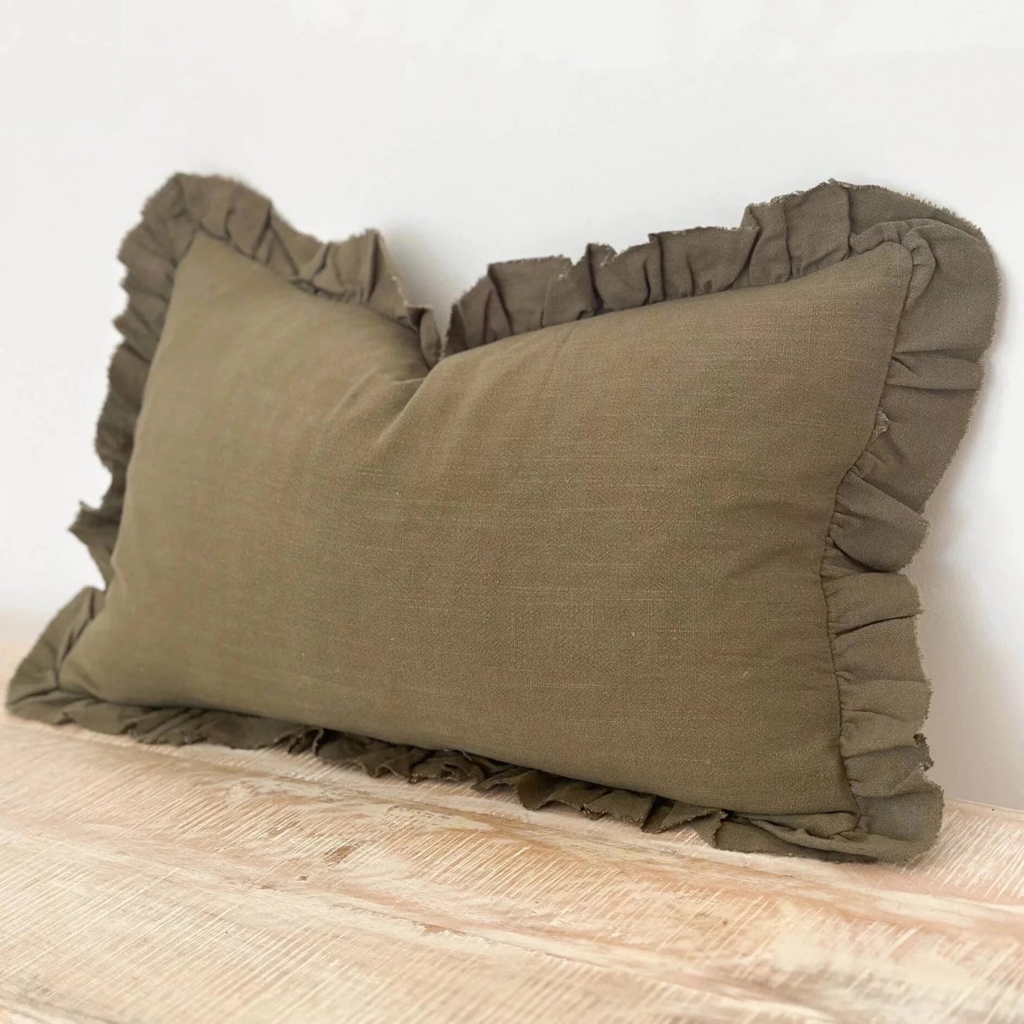 Olive Rectangular Ruffled Linen Cushion