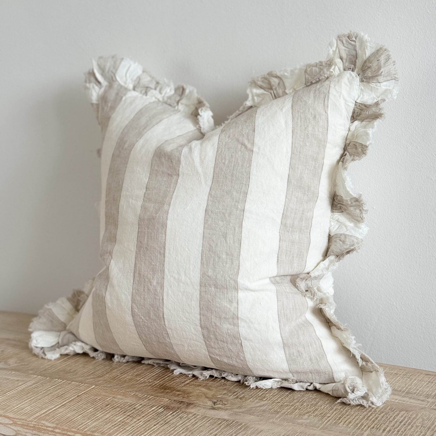 Large Beige & Cream Wide Stripe Ruffled Linen Cushion