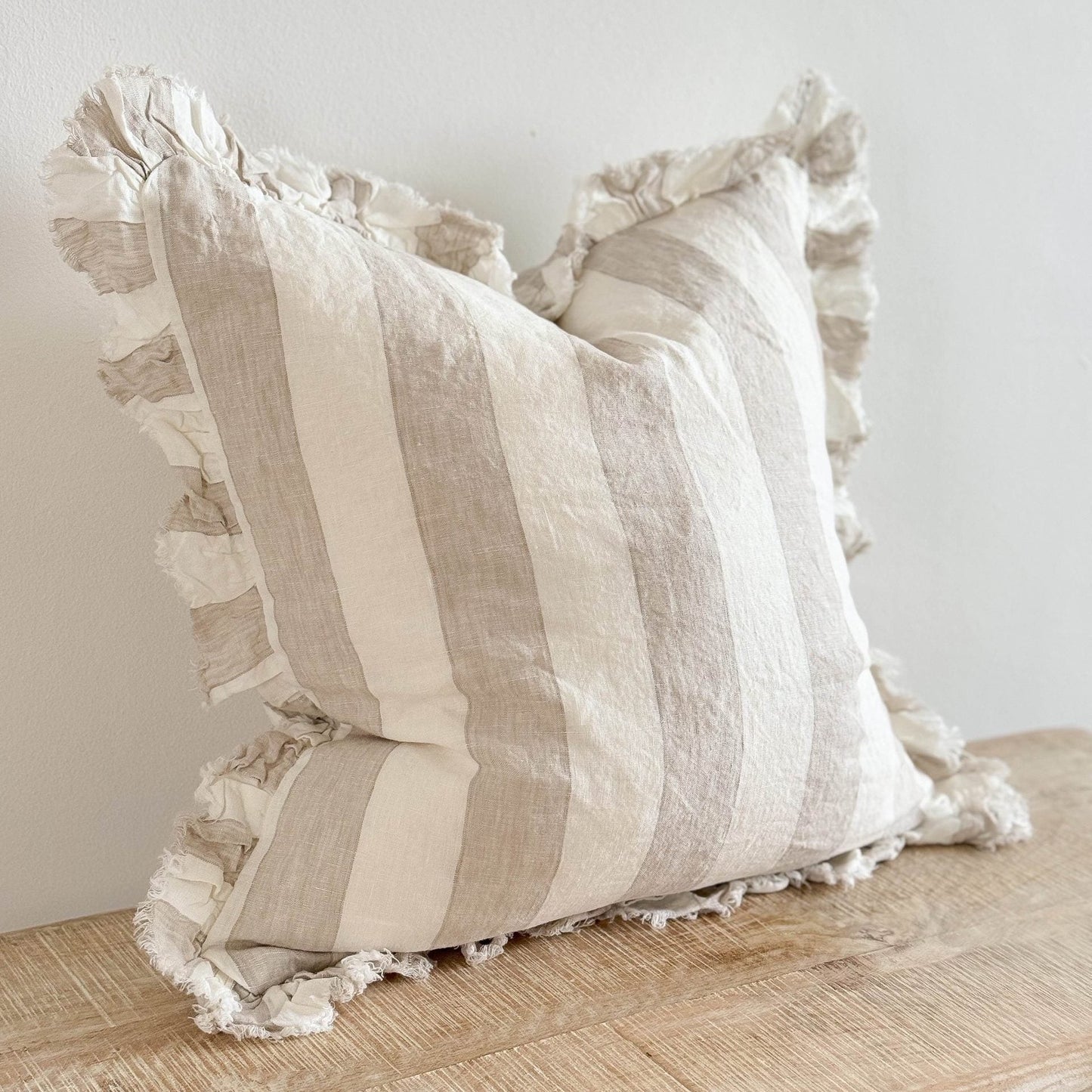 Large Beige & Cream Wide Stripe Ruffled Linen Cushion