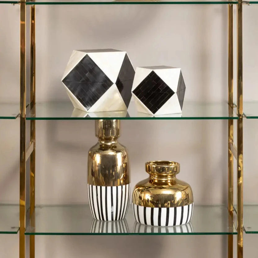 Small Black & White Striped Vase with Gold Top