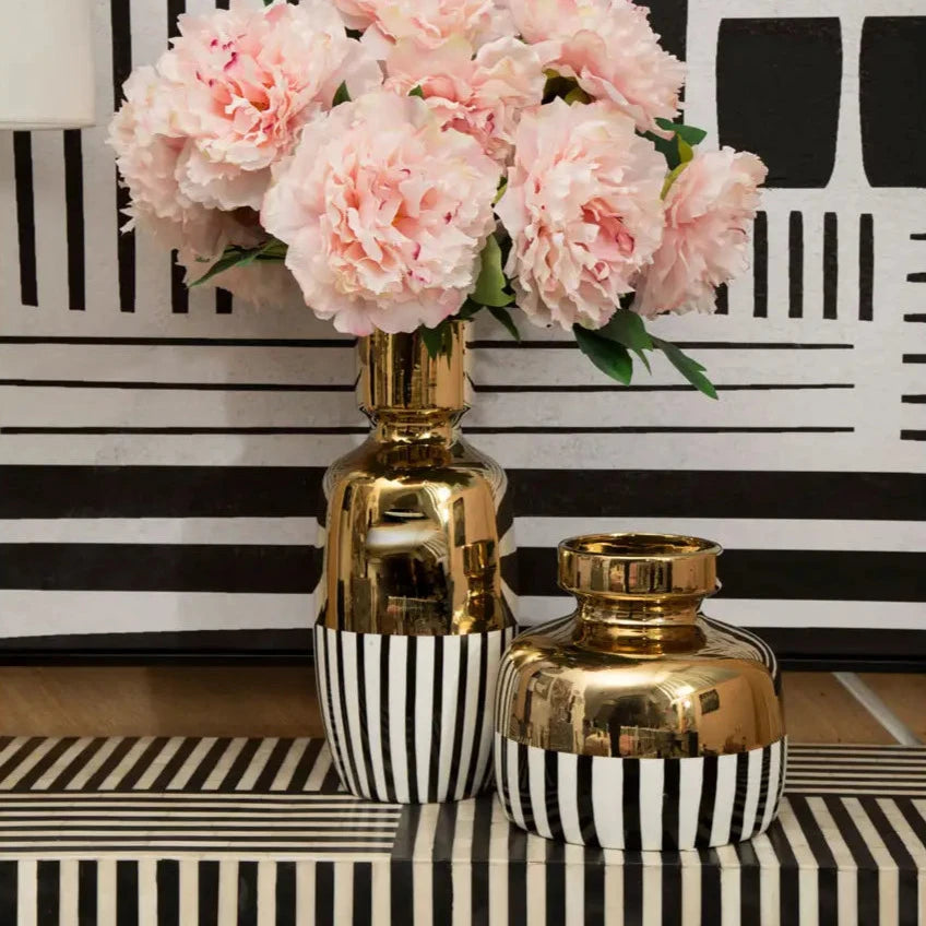 Small Black & White Striped Vase with Gold Top