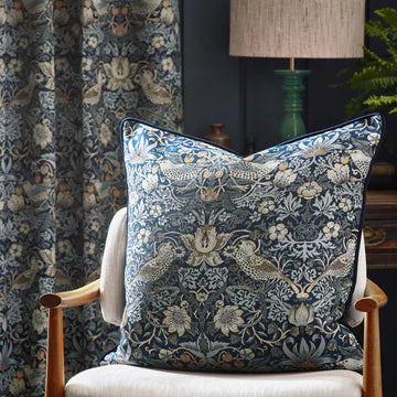 Morris & Co. Strawberry Thief Piped Jacquard Cushion - Indigo