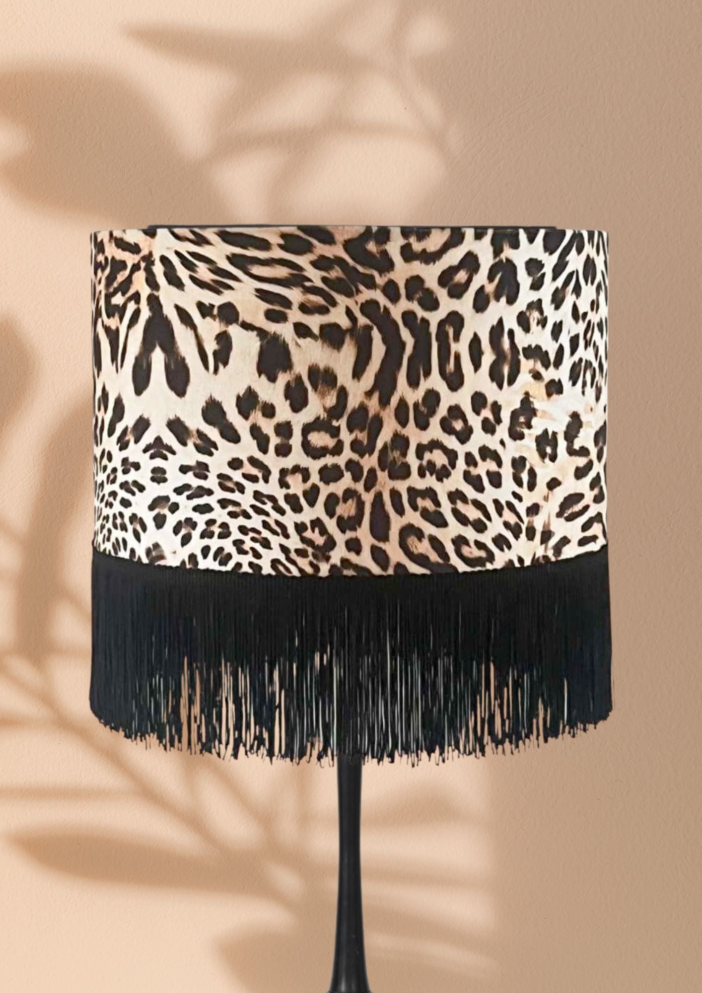 30cm Velvet Leopard Print Drum Lampshade with Black Fringe