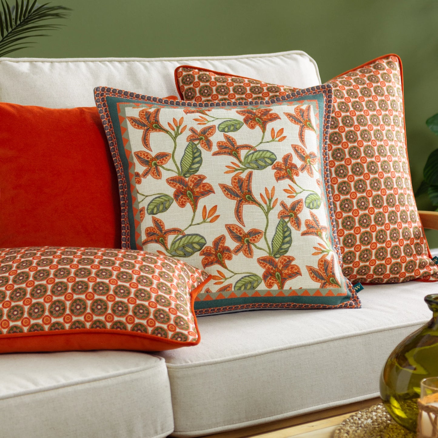 Zala Floral Tropical Cushion - Duck Egg/Coral