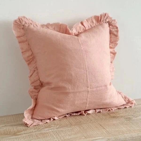 Washed Pink Ruffle Linen Cushion