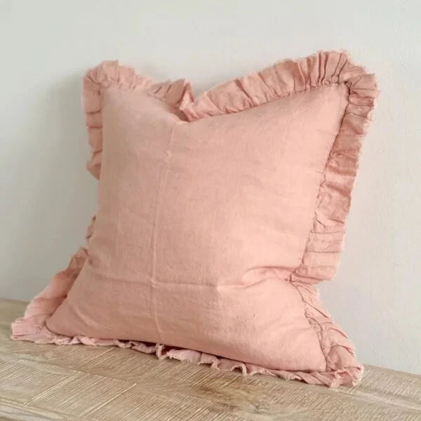 Washed Pink Ruffle Linen Cushion