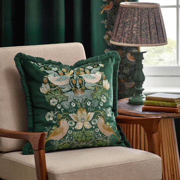 Morris & Co. Strawberry Thief Embroidered Velvet Cushion - Forest Green