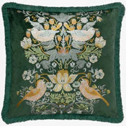 Morris & Co. Strawberry Thief Embroidered Velvet Cushion - Forest Green