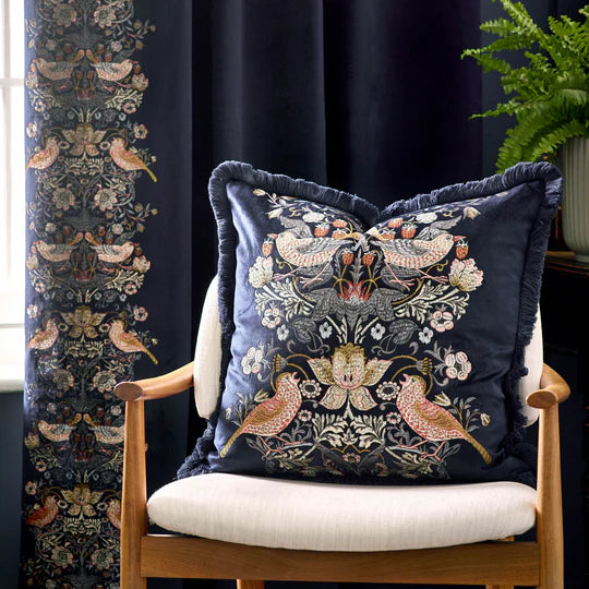 Morris & Co. Strawberry Thief Embroidered Velvet Cushion - Indigo