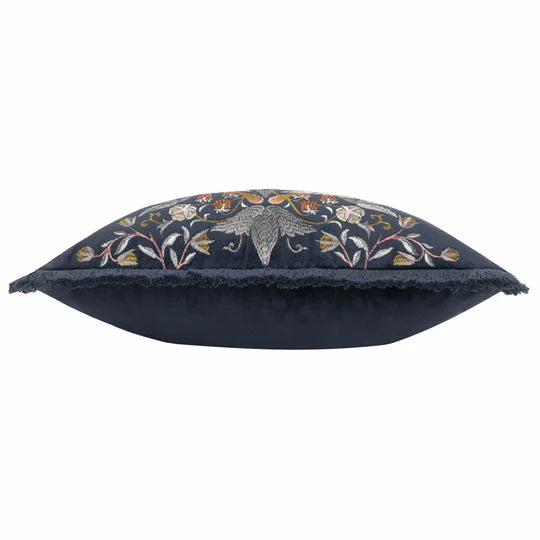 Morris & Co. Strawberry Thief Embroidered Velvet Cushion - Indigo
