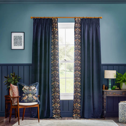 Morris & Co. Strawberry Thief Embroidered Velvet Cushion - Indigo