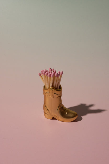Gold Ceramic Cowboy Boot Match Holder with 25 Matches