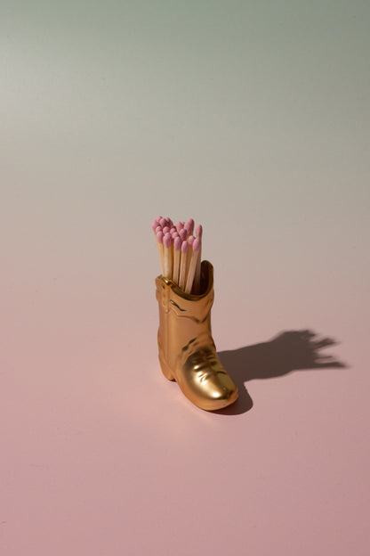 Gold Ceramic Cowboy Boot Match Holder with 25 Matches