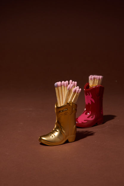 Gold Ceramic Cowboy Boot Match Holder with 25 Matches