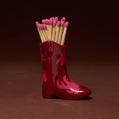 Red & Pink Ceramic Cowboy Boot Match Holder with 25 Matches