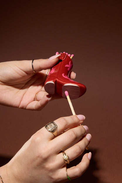 Red & Pink Ceramic Cowboy Boot Match Holder with 25 Matches