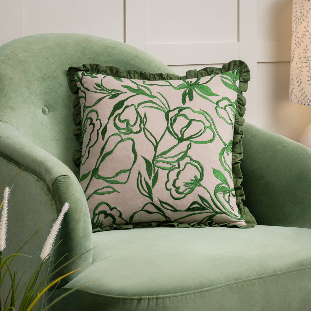 Albera Floral Embroidered Cushion Linen/Green