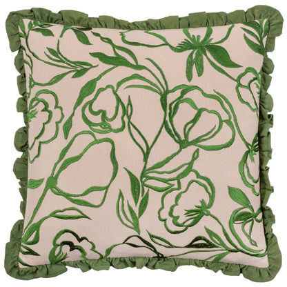 Albera Floral Embroidered Cushion Linen/Green