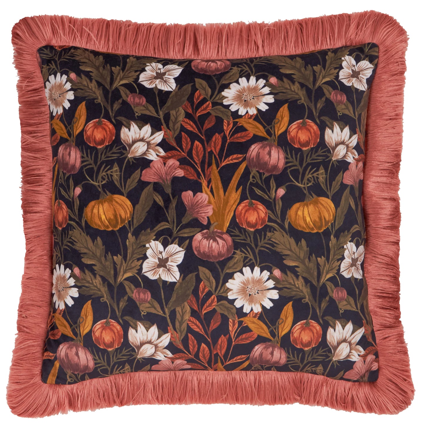 Autumn Garden Fringed Velvet Cushion – Burnished Rose & Moss