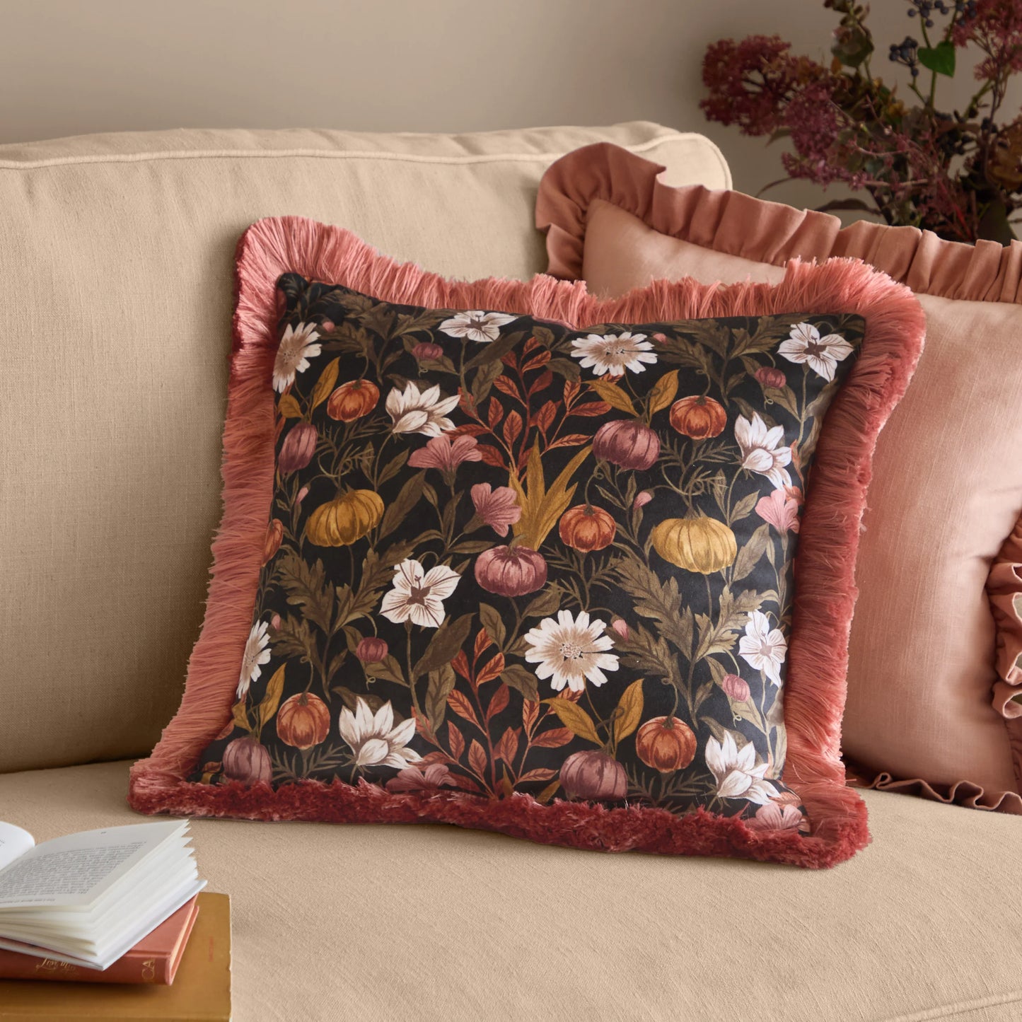 Autumn Garden Fringed Velvet Cushion – Burnished Rose & Moss