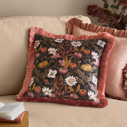 Autumn Garden Fringed Velvet Cushion – Burnished Rose & Moss