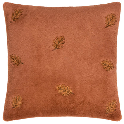 Autumn Trail Leaf Embroidered Faux Fur Cushion - Rust