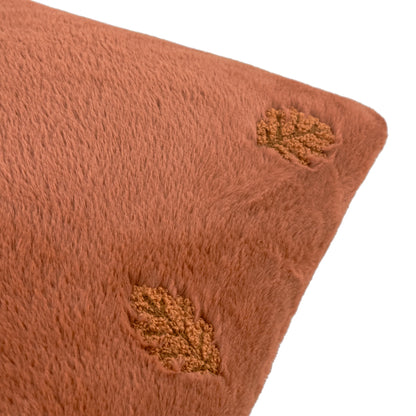 Autumn Trail Leaf Embroidered Faux Fur Cushion - Rust