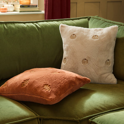 Autumn Pumpkins Embroidered Faux Fur Cushion - Natural