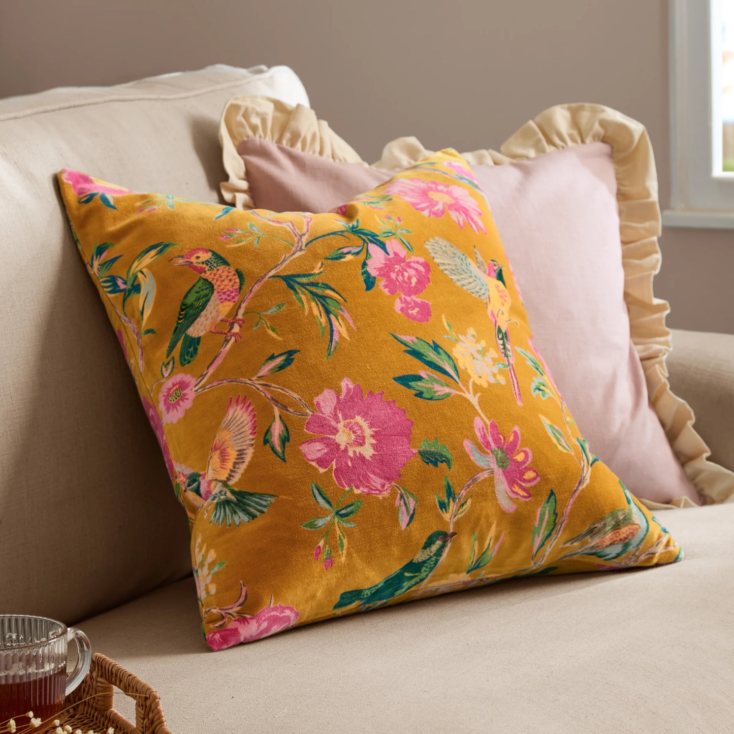 Aviary Velvet Cushion - Mustard