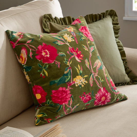 Aviary Velvet Cushion - Olive Green