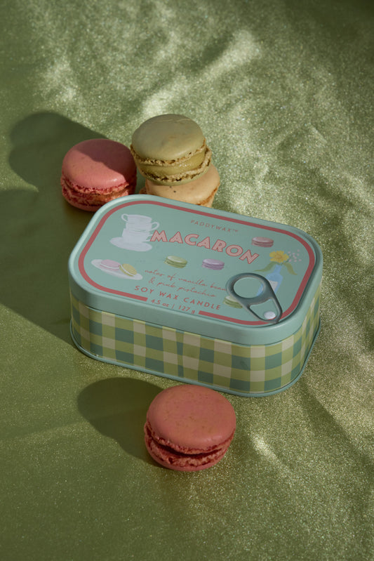 Bistro Macaron Printed Tin Candle - Amber & Pistachio