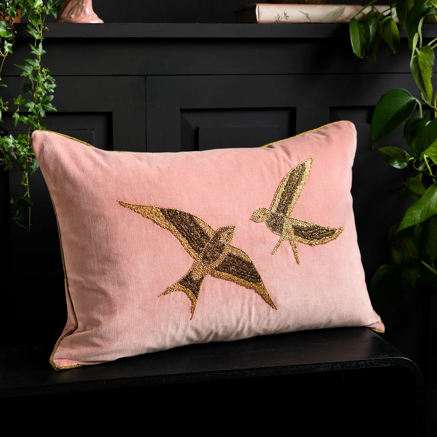 Beaded Love Birds Velvet Cushion – Rose