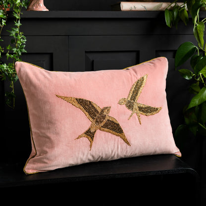 Beaded Love Birds Velvet Cushion – Rose