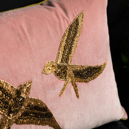 Beaded Love Birds Velvet Cushion – Rose