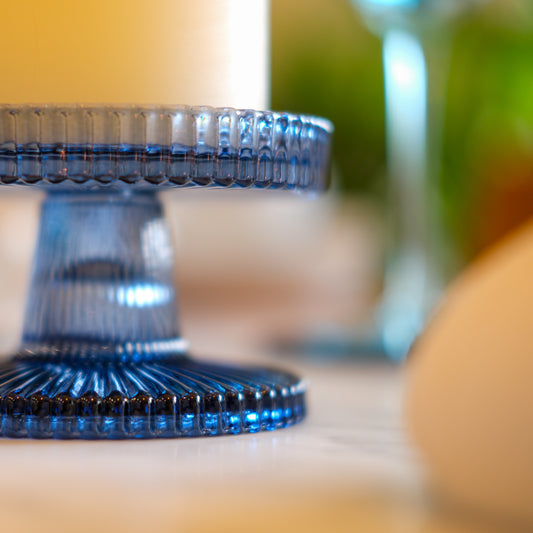 Short Blue Ribbed Candle Holder