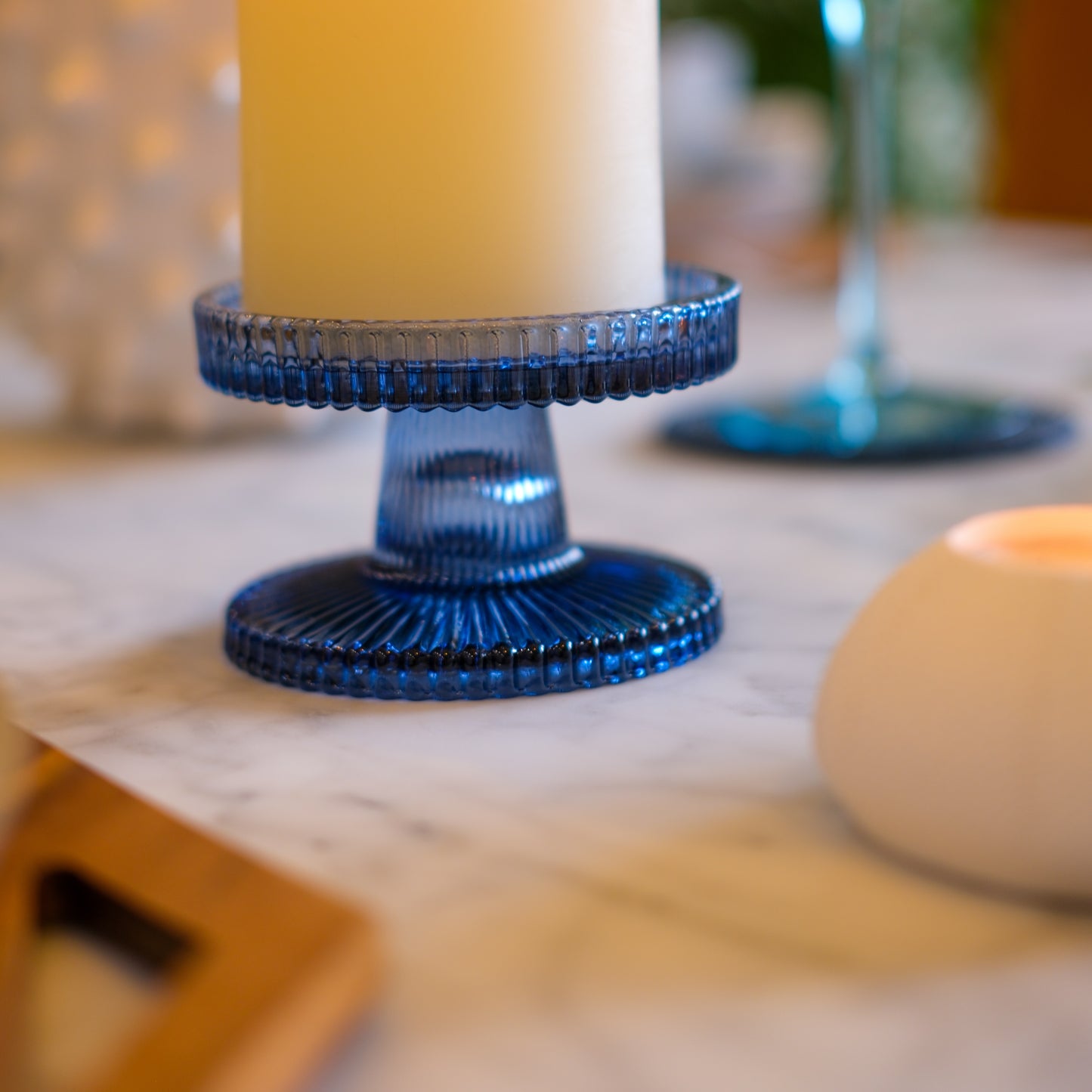 Short Blue Ribbed Candle Holder