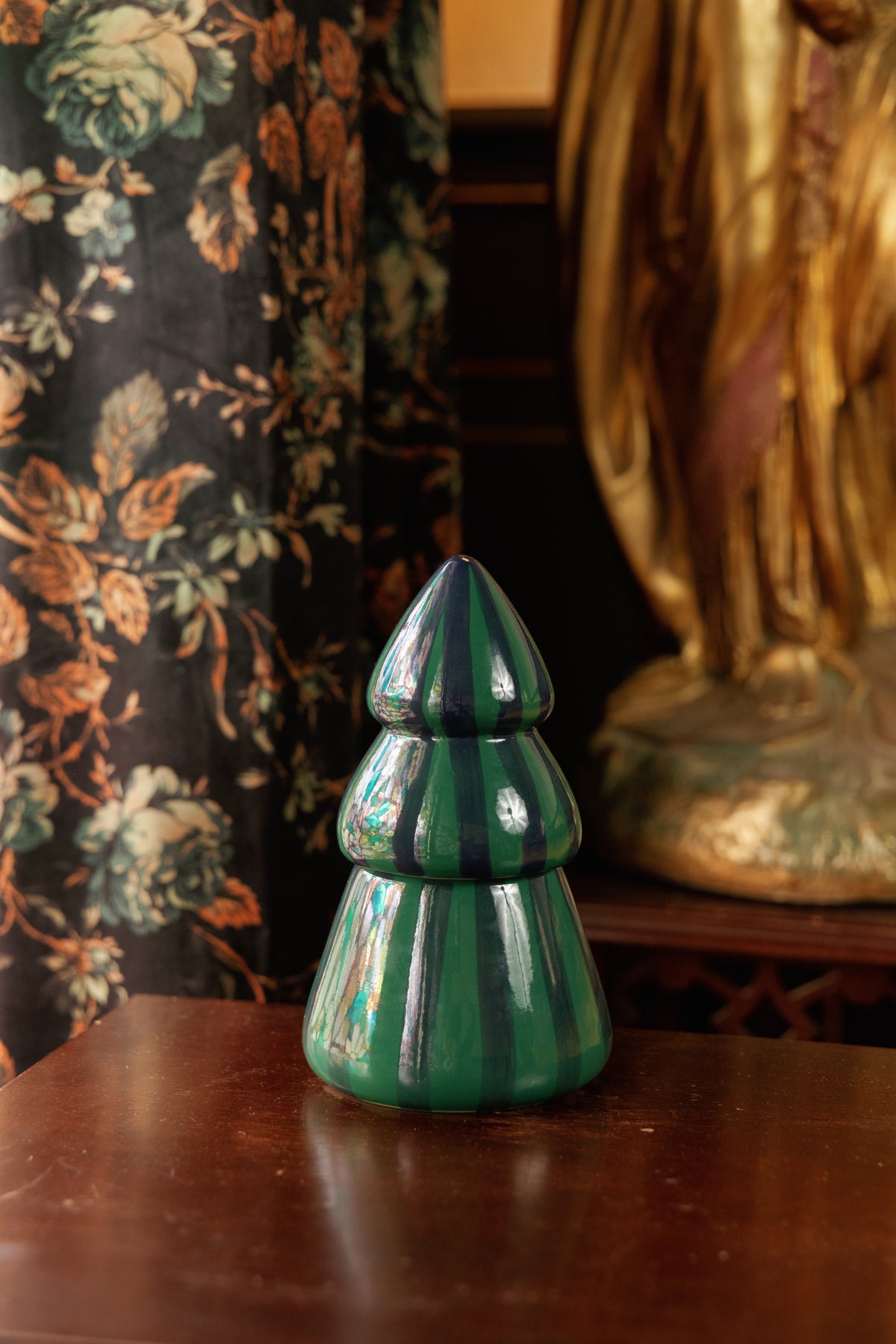 Cabana Christmas Green & Navy Striped Ceramic Tree Candle - Balsam Fir