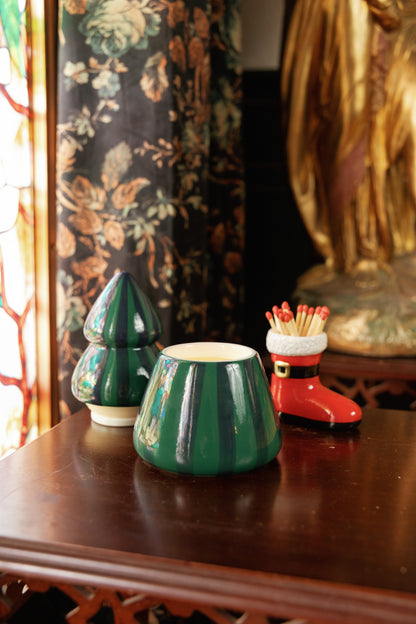 Cabana Christmas Green & Navy Striped Ceramic Tree Candle - Balsam Fir