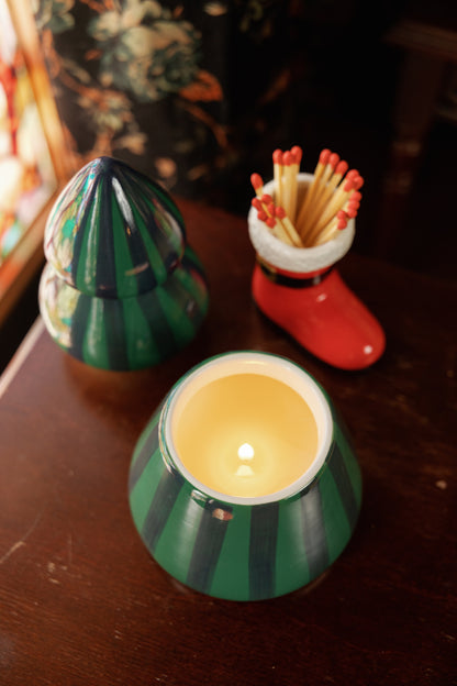 Cabana Christmas Green & Navy Striped Ceramic Tree Candle - Balsam Fir